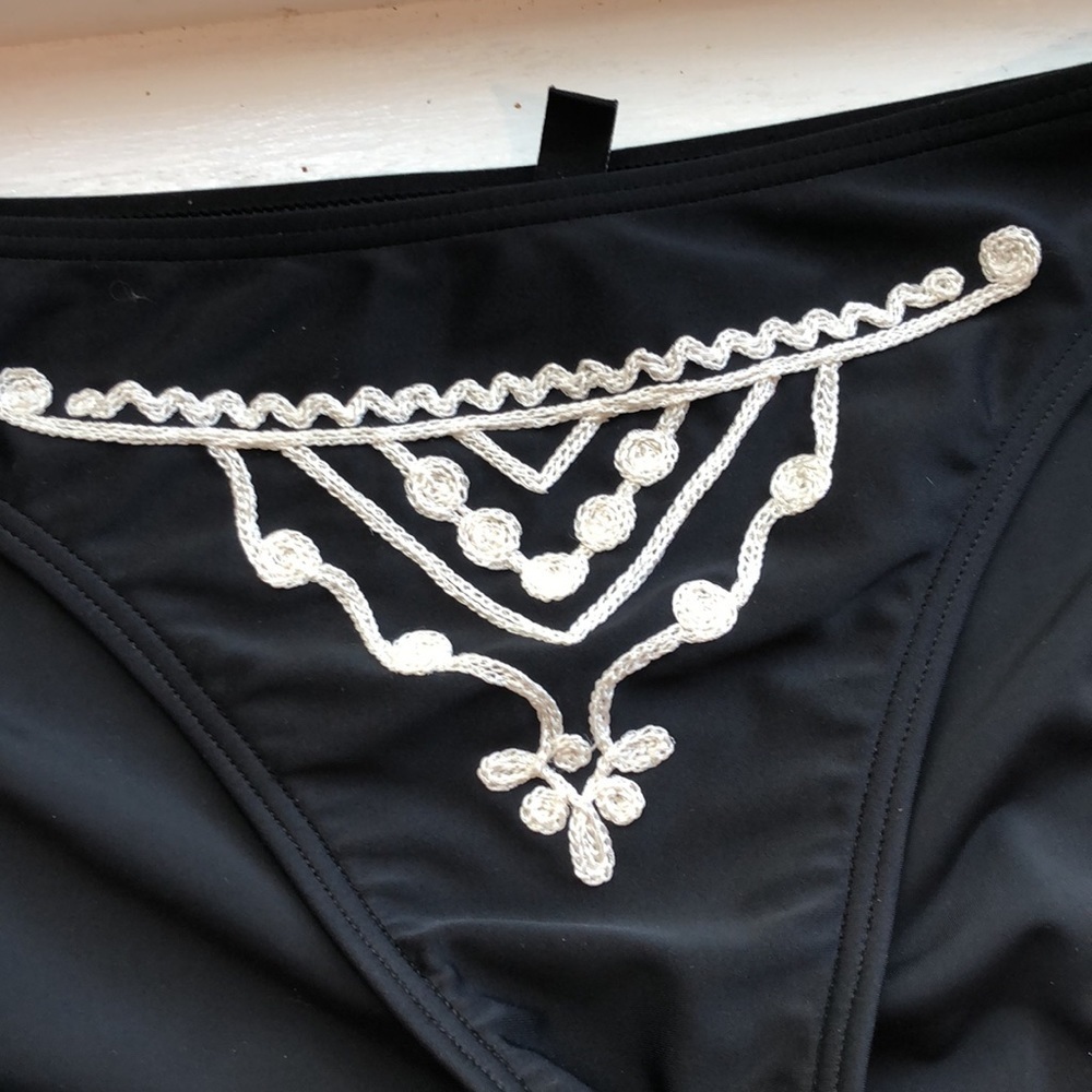 Black Bikini Bottom with Contrast Embroidery - Women Swim Bikini - Picture 2 of 5